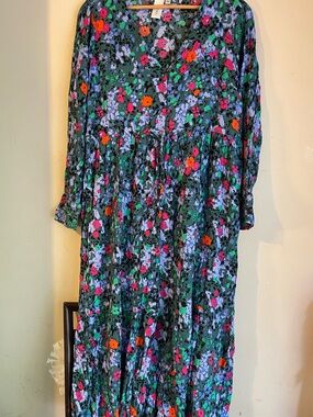 Y.A.S Green Floral Tiered Button Front Drawstring Waist Midi Shirt Dress L